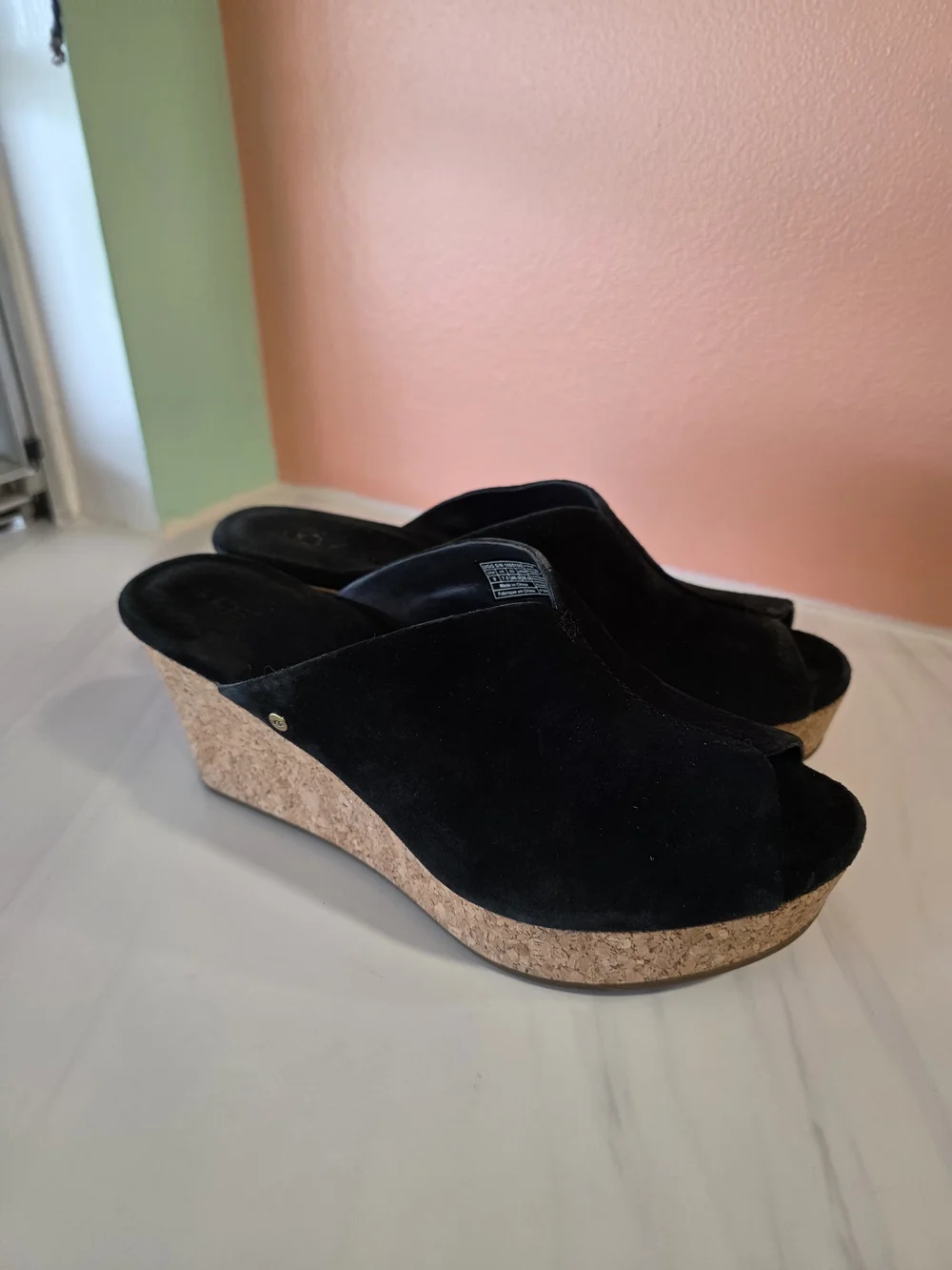 UGG Dominique Black Suede Cork Wedge Slide Mules 9 Boho Chic Festival